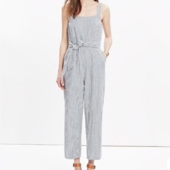 Madewell Linen Cropped Jumpsuit with Tie Striped Blue and White. Size 12 - Picture 1 of 7